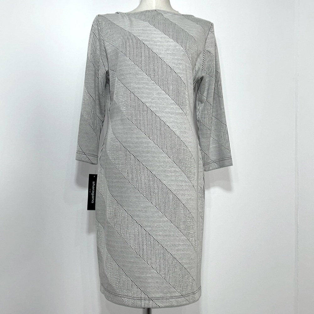 Sharagano Black and White Striped 3/4 Sleeve Knit Sweater Dress Size 14